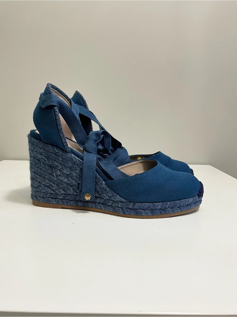 STUART WEITZMAN Marguerita Navy Canvas Espadrille Wedge Ankle Tie Sandals 8 - Picture 8 of 8